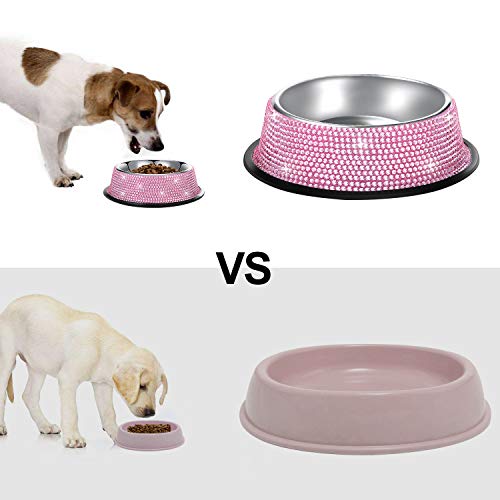 SAVORI Bling Dog Bowls Pink, 640ML Handmade Bling Rhinestones Stainless Steel Pet Bowls Double Food Water Feeder for Puppy Cats Dogs - Set of 2 - color: 640ml-Pink2