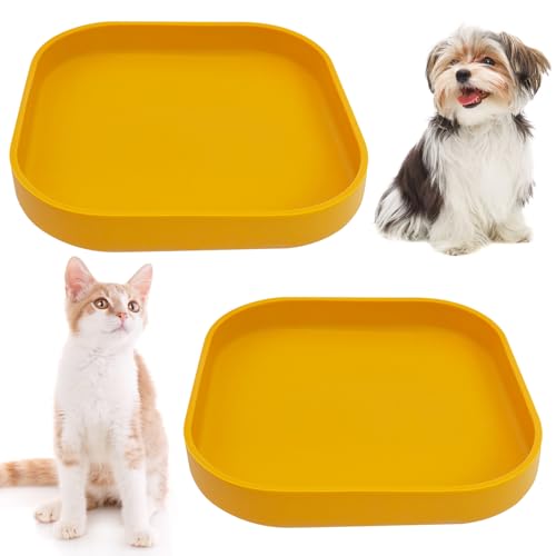 Fhiny 2PCS Silicone Cat Bowls Set 5.9 x 5.9 in Shallow Dog Dish Whisker Friendly Cat Food Plate for Dry & Wet Food Dishwasher Safe Non-Slip Pet Feeding Bowls for Kittens and Puppies (Yellow) - color: Yellow