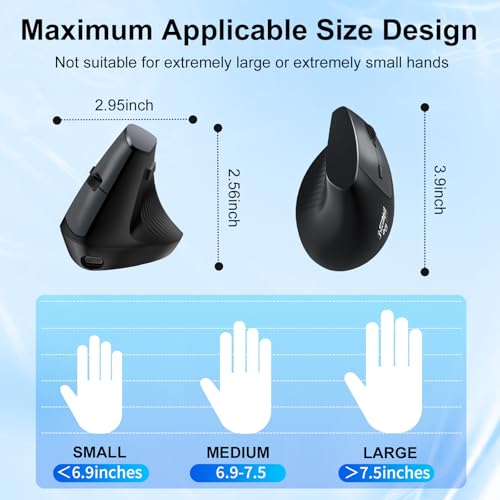 Ergonomic Bluetooth Mouse, Wireless Rechargeable Vertical Mouse for Carpal Tunnel with USBC & BT 5.0/3.0 & 2.4G Connect, Silent, Easy to use, 6 Buttons for Laptop PC MacBook Desktop Computer - color: Black