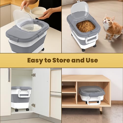 HOYTAMDA 20-30Lbs Collapsible Rice Container,Food Storage Containers Wheels | Rice Storage Container with Airtight Clear Lid,Handle,Small Bin &Scoop,Rice Dispenser for Flour Sugar Cereal Dog Cat Food - color: Grey-20/30lbs