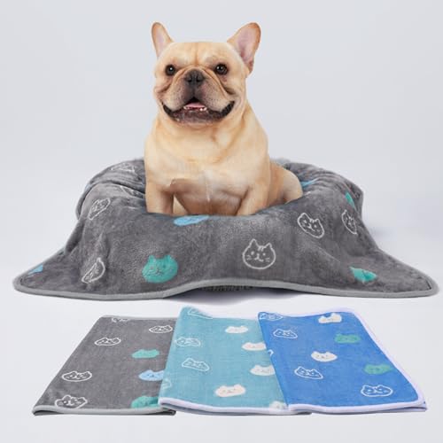 1 Pack 3 Blankets Super Soft Fluffy Premium Cute Cat Pattern Pet Blanket Flannel Throw for Dog Puppy Kitten Blue/Cyan/Grey Medium(30x20 inch) - color: Blue/Cyan/Grey, size: 30x20 inch (Pack of 3)