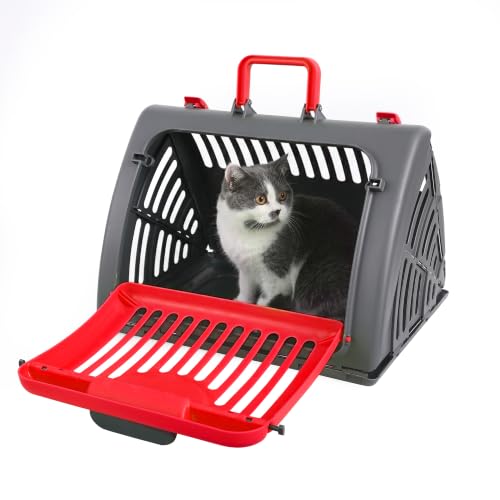 Foldable Portable Pet Carrier, Cat Carrier with Opening Door | Hard-Sided Travel Cat Carrier for Cats & Small Pets up to 25lbs, Red - color: Red