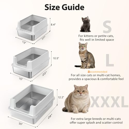 FURTIME Stainless Steel Cat Litter Box, Extra Large Cats Metal Litter Box | High-Sided Open-Top Easy-Clean Litter Pan for Multi-Cat Home, Non-Stick, Anti-Leakage, Comes with Scoop & Mat, 28"×20"×12.2" - color: Silver, size: XXX-Large