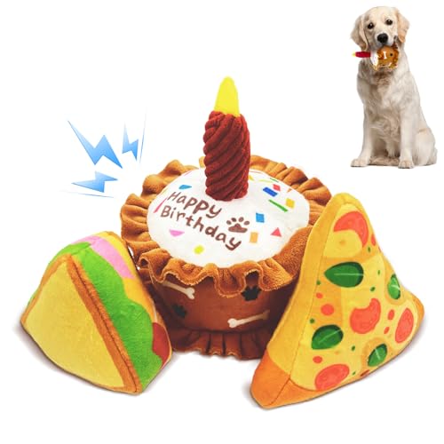 Dog Birthday Toys Set 3 Pack Cake Sandwich Pizza Plush Squeaky | Happy Barkday Gift for Small Medium Large Dogs Cuddle Interactive Chew Soft Stuffed Puppy Christmas gift with Crinkle - style: Cake Shape