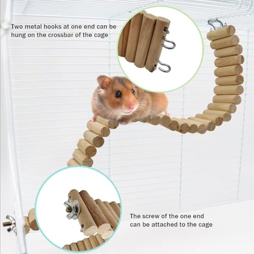 2Pcs Hamster Suspension Bridge 15.7x2.4in Flexible Bendy Climbing Ladder Hanging Wooden Chew Toy for Bird Parrot Chipmunk Sugar Glider Gerbil Mice