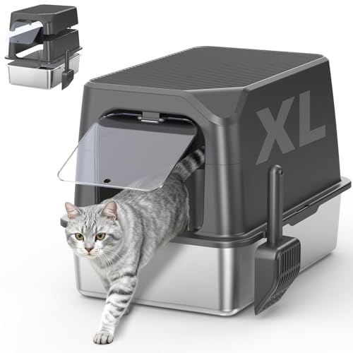 XL Stainless Steel Litter Box with Lid, Enclosed Cat Litter Box,Front Entry | XL for Big Cats, High Sides Enclosed Design, Anti-Urine Leakage, Non-Stick Odor-Free, Easy Clean, Reduce Litter Tracking - color: 10 - Dark Gray (Pack of 1)