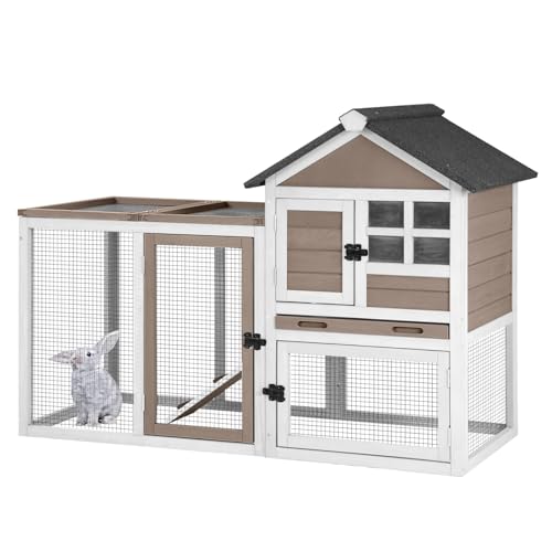 51.6’’ Large Rabbit Hutch Indoor Outdoor, Bunny Cage with Run, Wooden Rabbit House with Anti-Chewing Ramp, Waterproof Roof and Leakproof Deeper Tray (Brown) - color: Brown