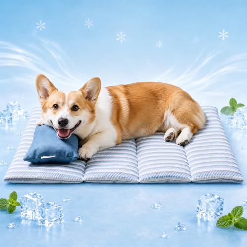 Dog Cooling Mat for Large Dogs, Cooling Bed for Dogs with Pillow | 38”×25” Breathable Pet Cooling Mat for Dog Bed, Q-Max 0.485, Portable Washable Cat Cooling Mat Thickened Cool Fiber Indoor - size: Large（37.4”×24.8”）