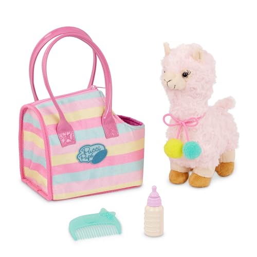 Pucci Pups Plush Llama Pet with Striped Carrier Bag, Comb & Bottle | 4-piece plush pet set with 1 llama, 1 striped carrier bag, 1 bottle, and 1 comb for pretend care and take-along, 2+ Years - style: Llama - Stripe Bag