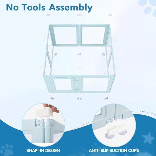 DIY Clear Acrylic Dog Playpen Indoor, Transparent Easy Cleansing Puppy Fence with Suction Cup, Easy-Assemble Indoor Whelping Crate for Small Puppies (23.6" H, 8PCS), Blue