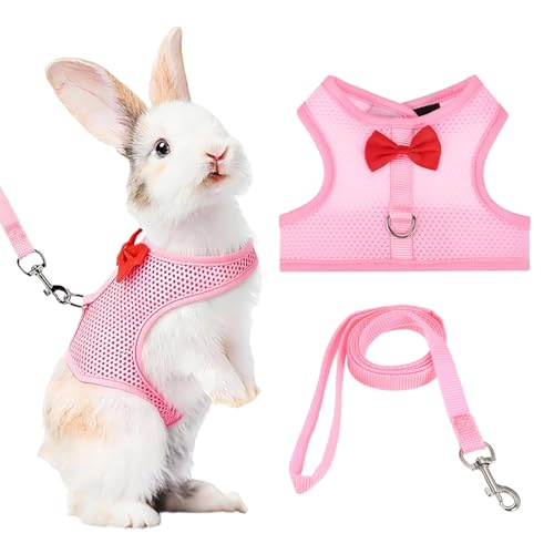 Rabbit Harness and Leash, Small Pet Cute Vest Harness Leash Soft Adjustable Buckle Breathable Mesh (L, Pink) for Bunny Kitten Small Pig Puppies Camping Hiking Training - color: Pink, size: L