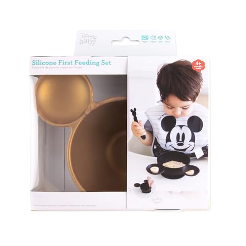 Bumkins Disney Baby Bowl, Silicone Feeding Set with Suction for Baby and Toddler, Includes Spoon, First Feeding Set, Essentials for Baby Led Weaning for Babies Eating 4 Months Up, Minnie Mouse Gold - color: D4 Mickey Mouse-Gld, style: Disney