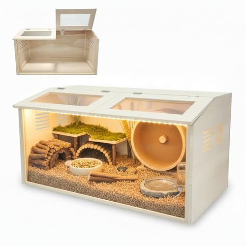 Wooden Hamster Cage Chewproof, Large Hamster Cages and Habitats, Small Animal Habitat with with Double Openable Acrylic Sheet Doors for Gerbil, Degus Mice, Guinea Pig, Rat& Other Small Pets（32in）
