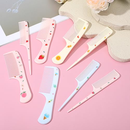 Kifmurase 8 Pcs Cute Hair Comb Set, Toddler Tiny Hair Comb Rat Tail Baby Combs Pink Strawberry Baby Hairs Brush Plastic Parting Combs for Girls Curly Straight Long Hairs