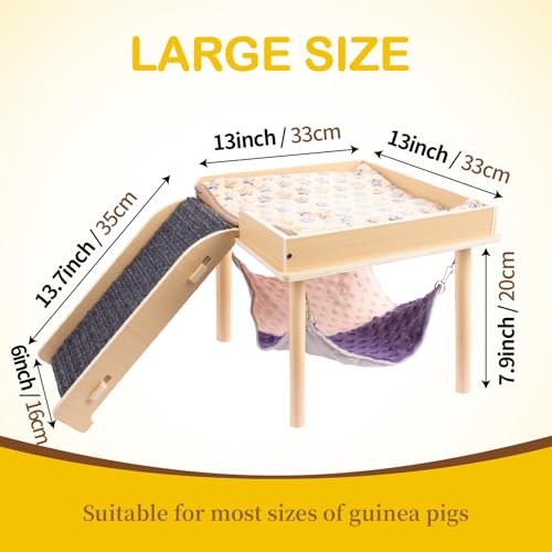BESNEW Enlarged Guinea Pig Hammock with Platform and Stairs,Wooden Small Animal Hideout for Guinea Pigs Bunny Ferret Hamster Hiding Sleeping Activities(Single) - style: Hammock with ramp