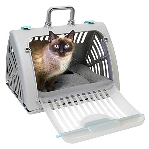 SportPet Large Hard-Sided Travel Cat Carrier - Cat Carrier with Patented Wide Side-Opening Door, Foldable Portable Pet Carrier with Removable Bed for Cats & Small Pets up to 25lbs - Gray - color: Large Carrier w/ Bed (Gray)