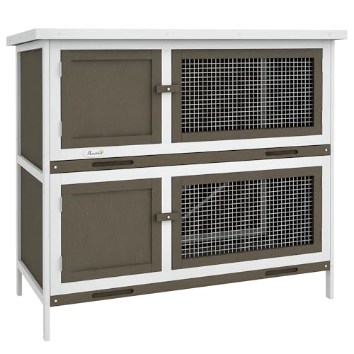PawHut Wooden Bunny Rabbit Hutch, Small Animal Habitat with Ramp, Removable Tray & Weatherproof Roof, for Rabbits, Chickens, Ducks, Indoor/Outdoor, Brown - color: Brown
