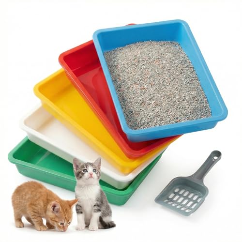 5Pcs Kitten Litter Boxes, 1.57 inch Low Entry Litter Box with Scooper, Portable Litter Box Shallow Litter Pan Open Travel Kitten Boxes for Small Cat, Hamster, Rabbit, 5Colors