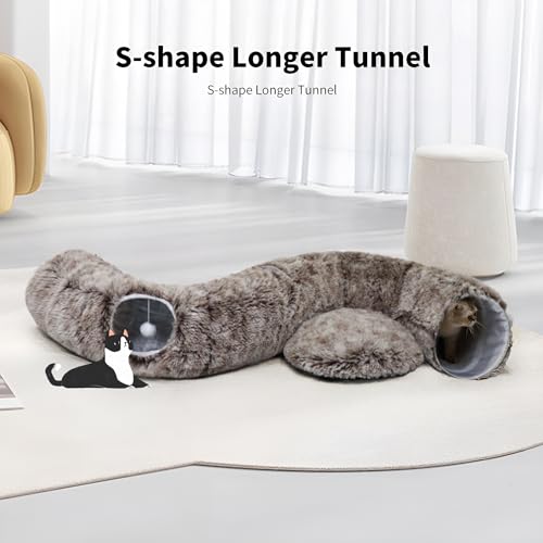 Cat Tunnel Bed for Indoor Cats with Washable Cushion Cat Cave Donut Tunnel with Fluffy Ball Big Round Tube Pet Playground Toys Soft Plush Peekaboo for Kitten, Cat, Puppy, Rabbit, Ferret（Brown） - color: Brown