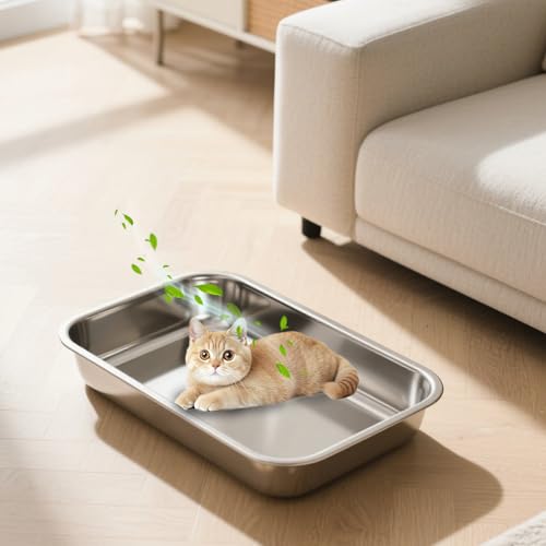 Low Entry Stainless Steel Cat Litter Box for Kittens, Metal Kitty Shallow Litter Box, Easy Access Kitty Litter Pan Tray, Easy Cleaning -17.72'' Lx 13.78'' W x 2.76'' H - color: 1 pack-17.72'' Lx 13.78'' W x 2.76'' H