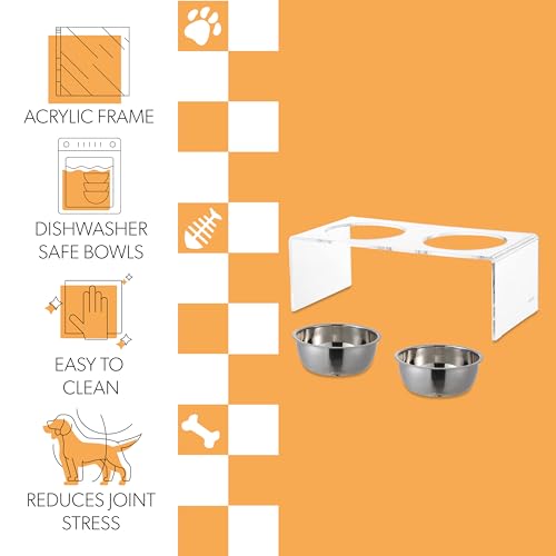 DBL2001A Keaton 7.5" Medium/Large Modern Lucite Rectangular Elevated Pet Feeder with 54oz 2-Stainless Steel Bowls, Clear/Chrome - color: Clear/Chrome, size: 54 Ounces (7.5" Cups 2-Pack)