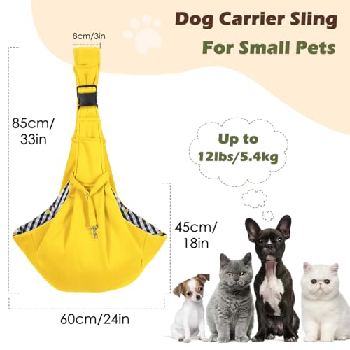 Pawaboo Small Dog Sling Carrier,for 3-10 lbs Pets, Yellow | Reversible Hands Free,Safety Buckle,Storage Pocket,Machine Washable for Travel Outdoor Activities - color: Yellow