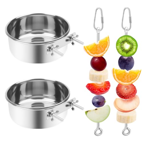 2 Pcs Bird Feeder Bowls with 2 Pcs Food Holder for Cage, Parrot Food Water Bowls and Fruit Skewer Foraging Toy, Stainless Steel Bird Feeding Dish Cups for Small Animals (Silvery, 4 Pcs)
