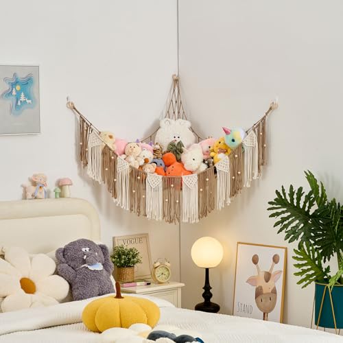Stuffed Animal Hammock with Weaving Tassels and Beads Milk Coffee - color: Milk Coffee