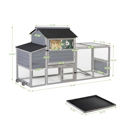 COZIWOW 82" Large Wooden Chicken Coop Mobile Rabbit Hutch with Wheel, Gray | Weatherproof asphalt roof & sunshine board, Anti-slip ramp, Pull-out tray, Hen house with 5 openable doors, Indoor Bunny Cage - color: Gray with Pattern