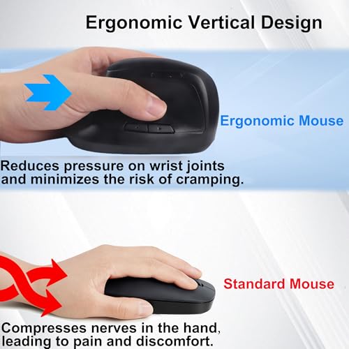Wireless Mouse Ergonomic(Bluetooth+USB)Dual Mode Vertical Silent Portable Multi Device Ergo Upright Carpal Tunnel Mice for Mac/PC/Laptop/Computer/Tablet/iPad/Macbook Air/Pro Office Work Women Men Gift - color: Black