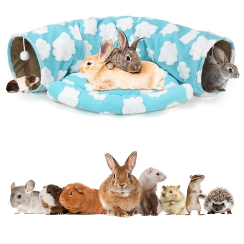 BWOGUE Bunny Tunnel Bed, 2-in-1 Collapsible Rabbit Tunnel Hideout with Mat | Removable Mat for Washing, 46.8 in Length, Ball Toy for Play, Cats Rabbits Guinea Pigs, Clouds Blue - color: Clouds Blue