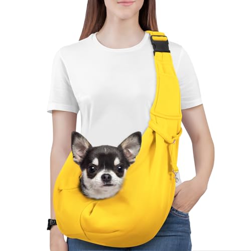 Pawaboo Small Dog Sling Carrier,for 3-10 lbs Pets, Yellow | Reversible Hands Free,Safety Buckle,Storage Pocket,Machine Washable for Travel Outdoor Activities - color: Yellow