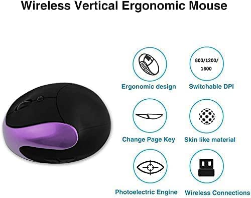 Ergonomic Vertical Mouse, Wireless 2.4G High Precision Rechargeable Ergonomic Mouse Optical Mice with Adjustable DPI 800/1200/1600, Reduce Wrist Strain, Specially for Small-handers Right-handers - color: Purple - Right hand- rechargeable