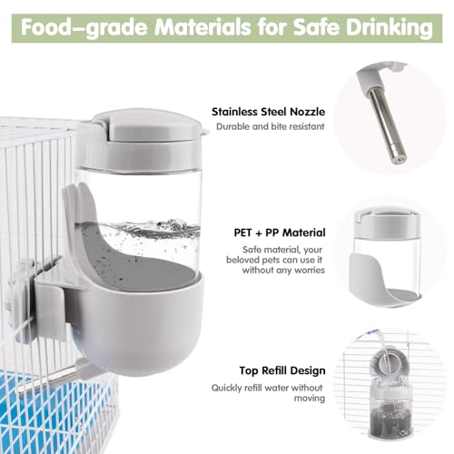 Depets Guinea Pig Water Bottle No Drip, 12 oz Small Animal Water Dispenser | Top Refill Cage Water Bottle with Screw Fastener, ABS Material, for Rabbit Hamster Rat Ferret Kitten, Gray