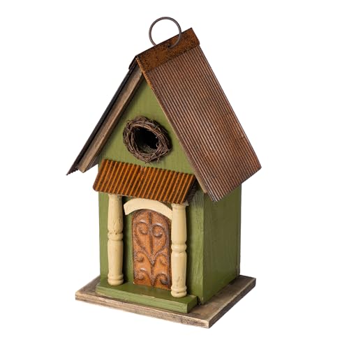 Glitzhome Hanging Birdhouse for Outdoors, Bird Houses for Outside, 11.25" H Vintage Distressed Decorative Wooden Bird House Garden Birdhouse for Bluebird Hummingbird Wren Finch Cardinals Cedar - color: 11.25"H Green