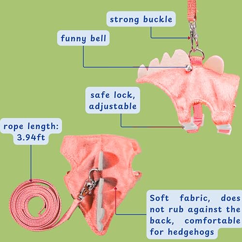 Hedgehog Leash and Harness Clothes Accessories, Adjustable Leash and Harness with Safe Bell, Dinosaur Shaped Outfit, Hamster Clothes For Ferret Hamster, Hedgehog Accessories, Guinea Pig Outfits (Pink) - color: Pink