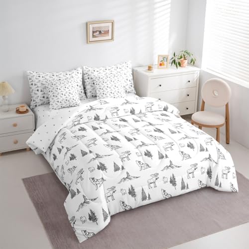 Erosebridal Woodland Animals 7 Piece Comforter Set Full Size Bear Deer Wolf Hunting Theme Bedding Set for Kids Child | Rustic Cabin Lodge Decor Sheets Farmhouse Wildlife Mountain Black White Quilt - color: Black White, size: Full
