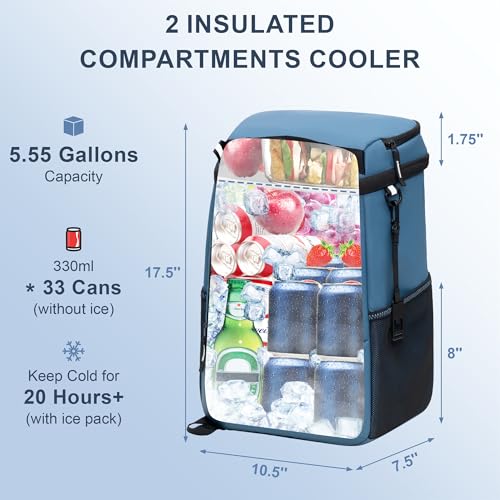 SPARTER Backpack Cooler Insulated Leak Proof 33/49 Cans, 2 Insulated Compartments Thermal Bag, Portable Lightweight Beach Travel Camping Lunch Backpack for Men and Women - color: Blue, size: 33 Can