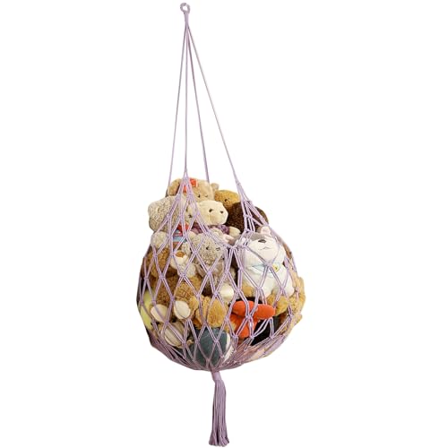 Stuffed Animal Storage Hammock Corner Hanging Net Stuffy Animal Hammock Macrame Toy Display Plush Toy Holder for Kid Bedroom Decor Boho Nursery Playroom Organizer (Purple) - color: Purple