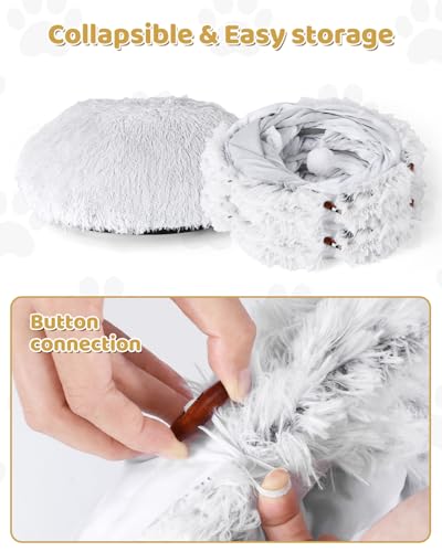 Cat Tunnel Bed with 20 Pcs Interactive Toys, 3-in-1 DIY Collapsible Plush Cat Tube with Washable Mat, Large Indoor Play Tunnel Cave for Kittens and Small Animals - color: Off-white