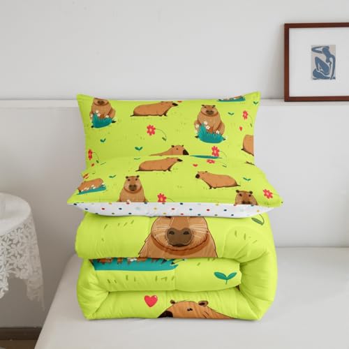 Kawaii Animal Decor Bedding Set - King Size Capybara Floral Duvet Insert With 2 Pillow Cases - color: Multi 01, size: King