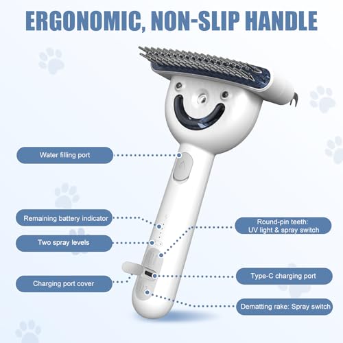 Double-Sided Pet Deshedding Dematting Comb, Steam Brush with 2 Spray Levels | Extra-Wide Detangling Undercoat Rake for Long-Hair Dogs & Cats Matted Fur, Knots, Rechargeable Grooming & Massage Tool - color: White with Double-Sided