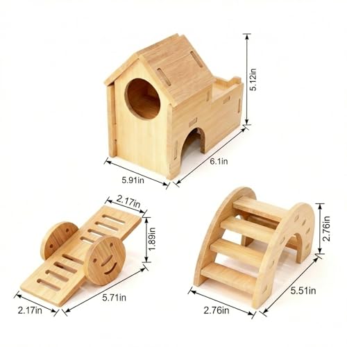 3 Pcs Hamster Wood House Set, Maze Wood House with Ramp,Activity Seesaw,Climbing Bridge,Small Animal Fun Activity Space for Syrian Hamsters, Gerbils, Mice - color: Wood House Set