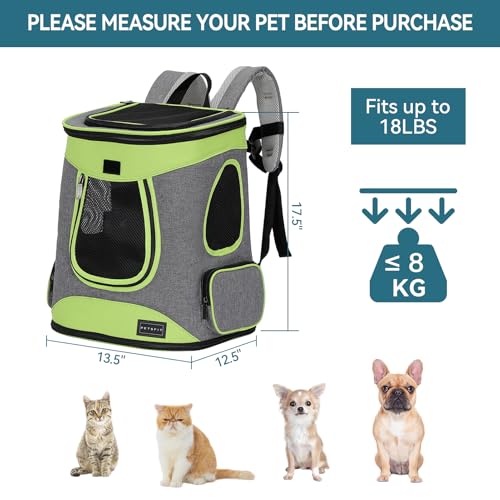 Petsfit Pet Backpack Carrier Easy-Fit Dog Travel Backpack Carrier for Hiking Walking Cycling Suitable for Small Medium Dogs Cats and Rabbits up to 22 Pounds, Green | 13.5 x 12.5 x 17.5 in; reinforced frame, 600D Oxford, 4 mesh panels, lockable zippers, sa
