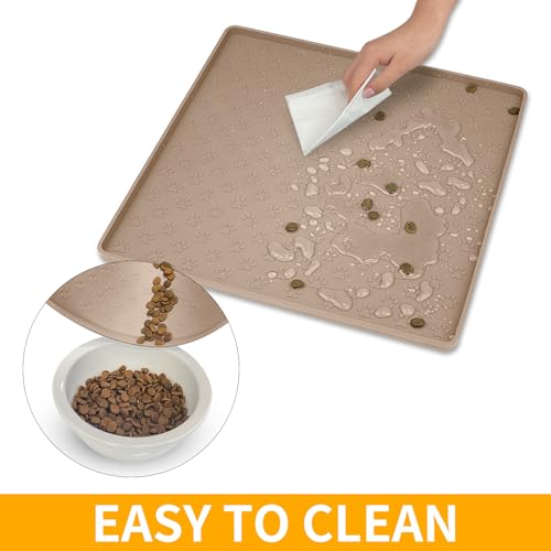 Ptlom Dog Food Mat Anti-Slip Bowl Mats for Food and Water, Waterproof Silicone Pet Placemat with High Raised Edges, Non-Slip Puppy Feeding Tray for Small, Medium Large Cats Dogs, Taupe, 11.8"x11.8" - color: Taupe, size: 11.8"L x 11.8"W