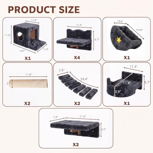 13-in-1 Cat Wall Shelves, Moon & Bridge Cat Wall Furniture, Grey | Wall Mounted Cats Shelf Set with Plush Fabric, Cat Climbing Systems for 16 Inch Drywall, Condo, Scratching Post, Space-Saving - color: Grey, size: 13-in-1