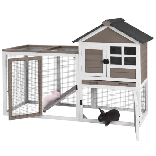 GUTINNEEN Rabbit Hutch Indoor Chicken Coop Outdoor, 51.6''L 2 Story Bunny Cage Weatherproof, Guinea Pig House with Run (Brown)
