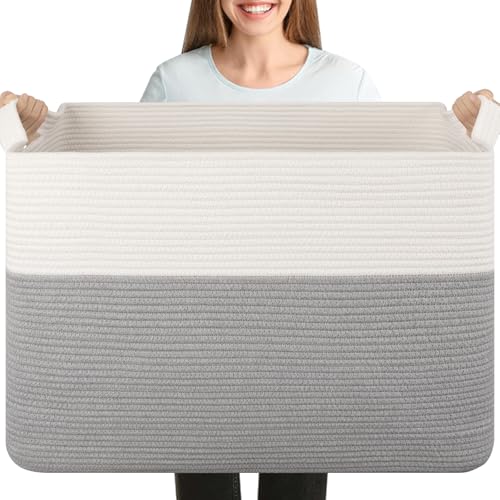 OIASKET 108L Cotton Rope Storage Basket for Living Room and Bedroom 25"x16"x16" Woven Laundry Basket, Heavy Duty Bin for Blankets, Pillows & Toys, Pet-Safe & Scratch-Free, Grey and White - color: Grey & White