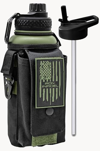 Iron Infidel Battle Bottle - 32 Oz Insulated Water Bottle with Straw Lid & Chug Cap, Stainless Steel Metal Flask Includes Rugged, Removable Sleeve for Keys, Wallet, & Phone (Widowmaker 1 Liter) - color: 32oz - Widowmaker, size: 32 Ounces