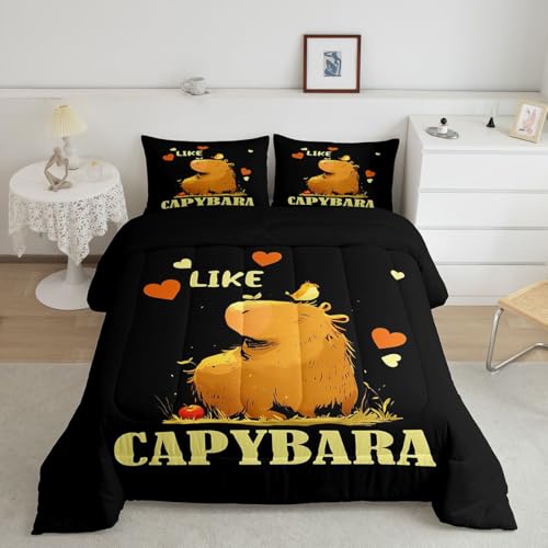 Capybaras Bedding Set Gift For Girls Boys Kids Animals Lovers, Cute Capybara Comforter Set King Cartoon Rodent Animal Quilted Duvet Love Heart Birds Design Duvet Insert Kawaii Bedroom Decor, Black - color: Multi 07, size: King